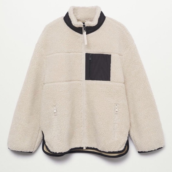 MANGO IVORY/CREAM POCKET FAUX SHEARLING JACKET SIZE LARGE - Picture 2 of 4